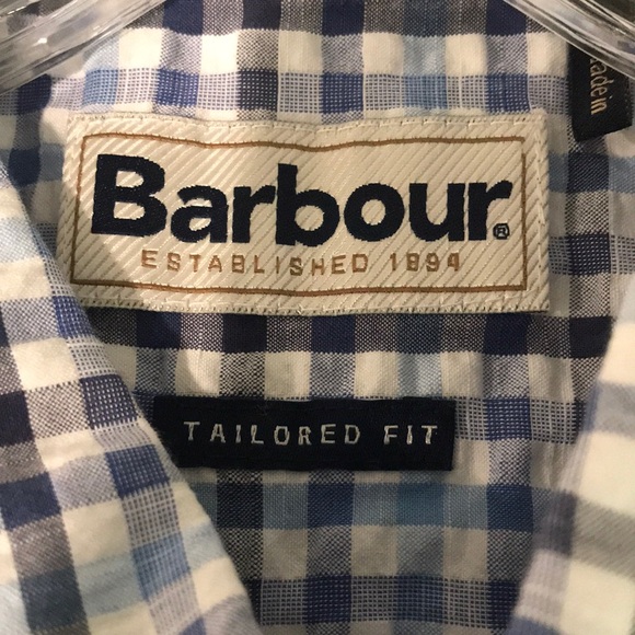 Barbour Tailored Fit Shirt Mens Large Blue Plaid Blue Seersucker Casual Pockets - Picture 3 of 9